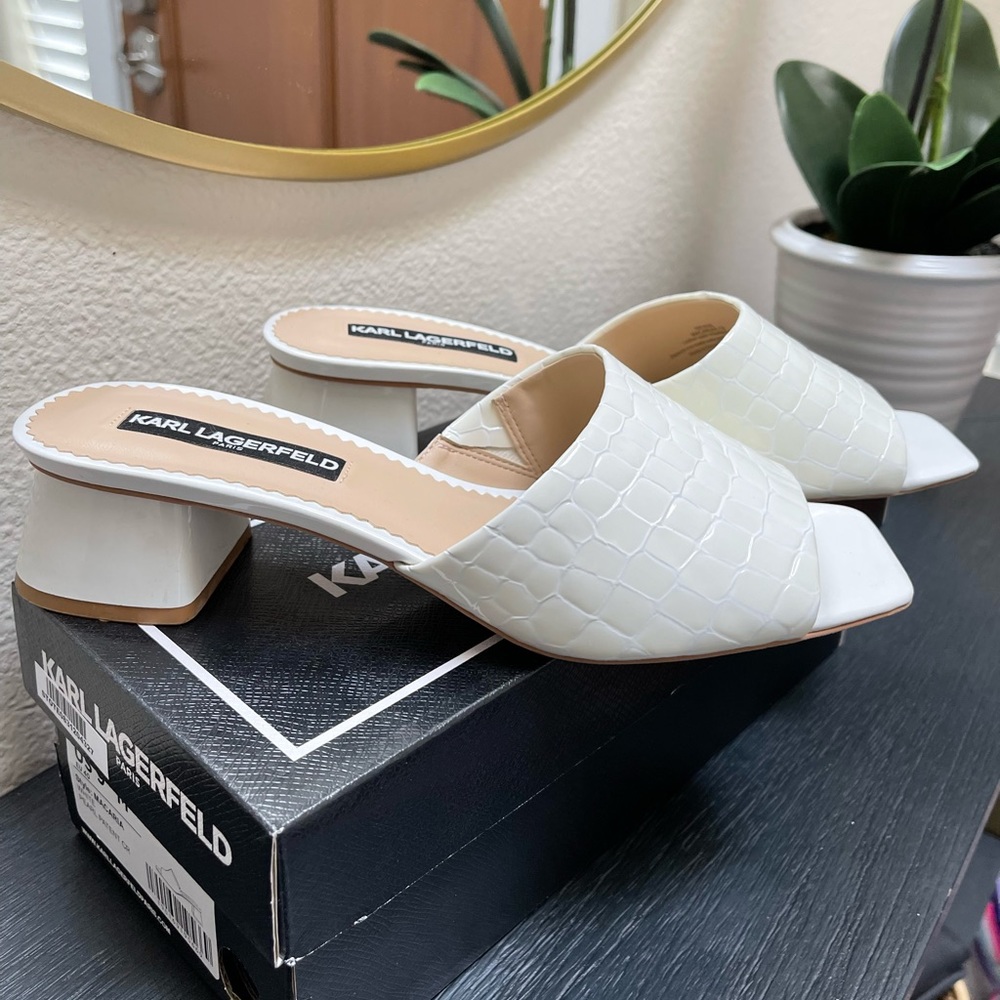 Karl Lagerfield Paris Macaria off white patent croc mules